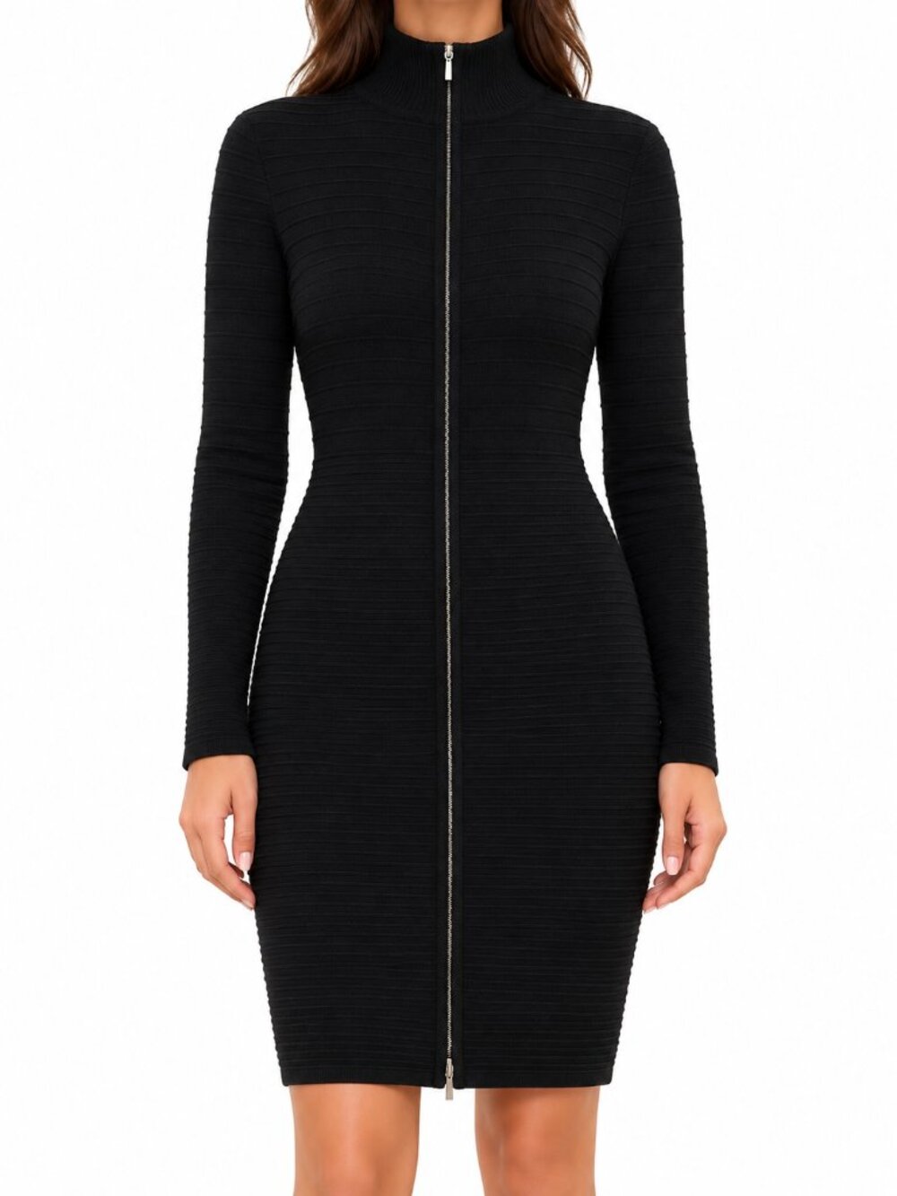 Calvin Klein Black Ribbed Knit Zip Front Long Sleeve Dress, Small Petite